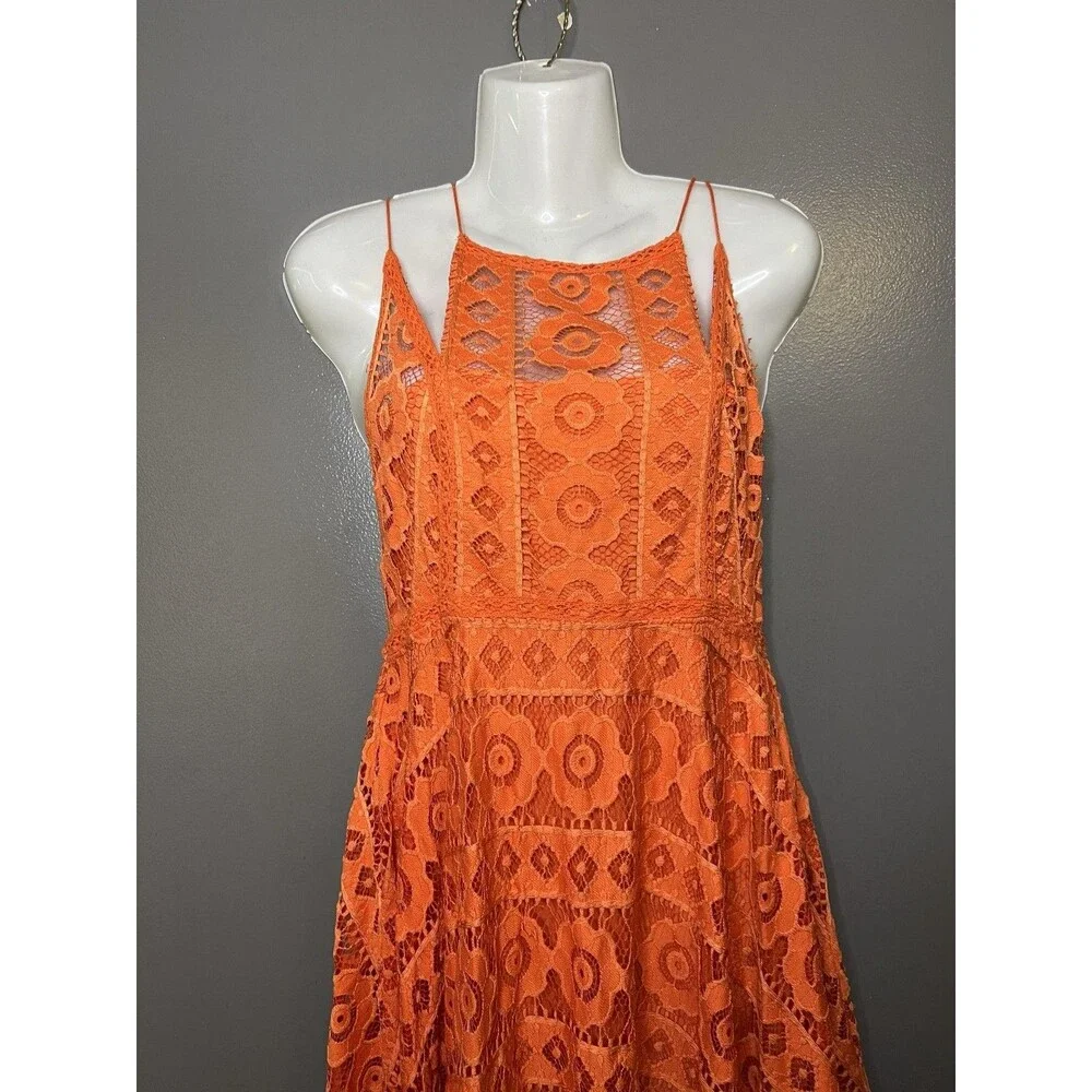 Free People Dress Womens 4 Orange Lace Halter Fit & Flare Short Boho Sundress
